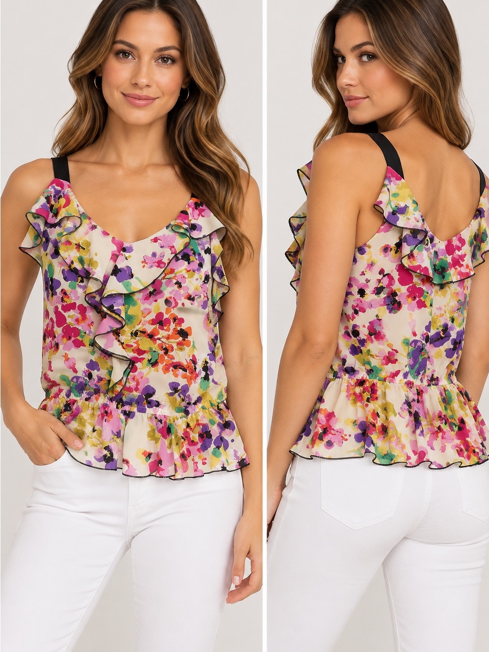 Express Multicolor Floral Ruffle V-Neck Tank